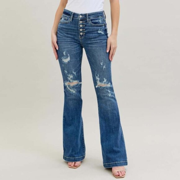 Judy Blue Denim - Judy Blue Button Fly Trouser Flare Jeans with Destroyed